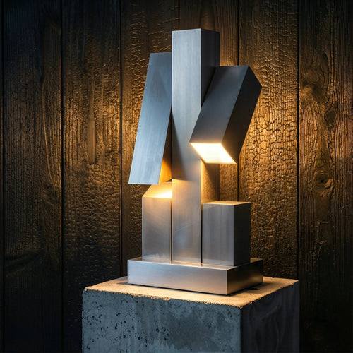 Citadel table lamp by Luminor Arc featuring a monolithic architectural design with intersecting brushed metal pillars, casting a warm amber glow against a dark burnt wood wall during a quiet blue hour.