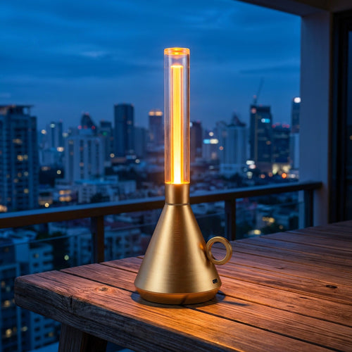 The Wick cordless lamp in brushed gold metal with a clear acrylic shade, emitting a warm amber glow on a weathered wooden table during blue hour. Luminor Arc